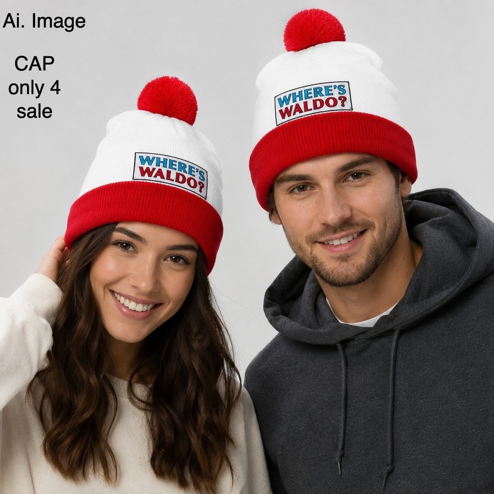 DreamWorks Where's Waldo Knit Beanie Hat Red White Pom Pom OS Acrylic 2025